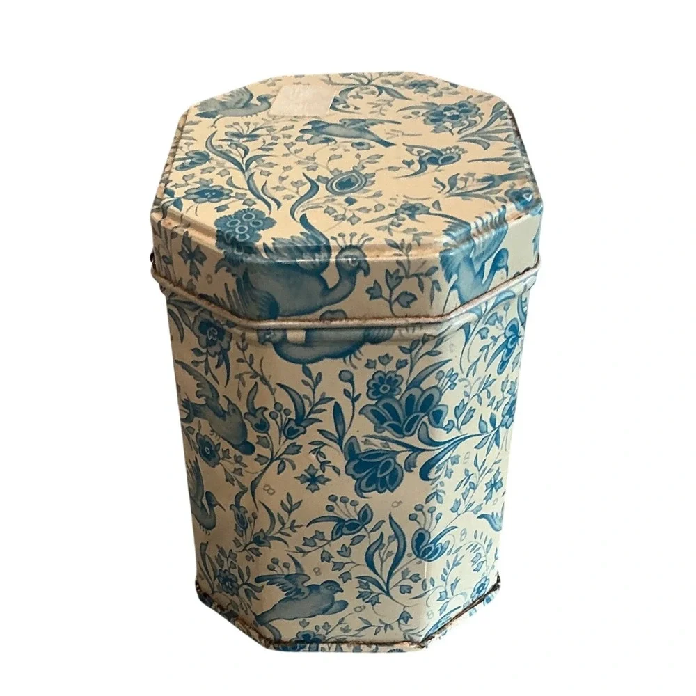 Vintage Elite Tin Toile Trinket Box Blue White Floral Bird Gift French Country